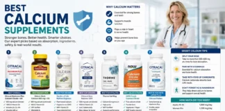Best Calcium Supplements in 2026: Real Products, Honest Picks, Zero Confusion best calcium supplements for bone health, including Citracal, Nature Made, Thorne, and Garden of Life, with doctor recommendations, calcium tips, Vitamin D3 guidance, and daily calcium intake chart on a clean medical background.