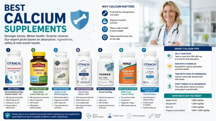 best calcium supplements for bone health, including Citracal, Nature Made, Thorne, and Garden of Life, with doctor recommendations, calcium tips, Vitamin D3 guidance, and daily calcium intake chart on a clean medical background.