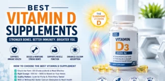 Best Vitamin D Supplements (2026): Expert-Tested Buying Guide That Actually Helps You Choose Medical-themed infographic showing the best vitamin D supplements with vitamin D3 bottle, bone health illustration, immunity support icons, and supplement benefits.