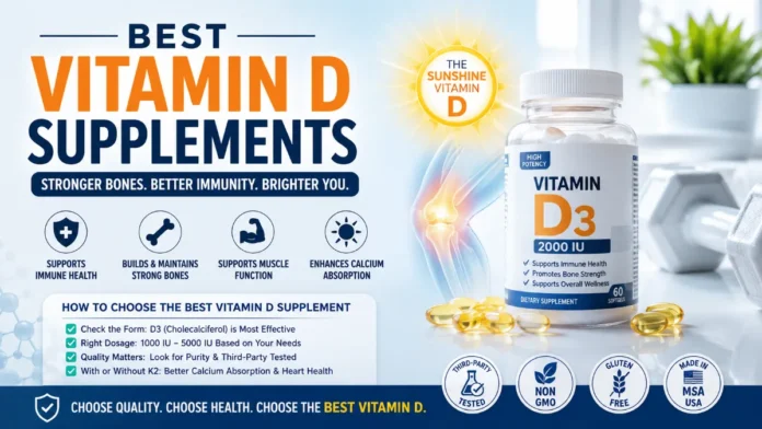 Best Vitamin D Supplements for Bone Health, Immunity, and Daily Wellness Medical-themed infographic showing the best vitamin D supplements with vitamin D3 bottle, bone health illustration, immunity support icons, and supplement benefits.