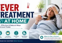 How to Treat Fever at Home: Complete Evidence-Based Guide (2026) Woman checking temperature at home with medical background showing fever treatment at home tips, hydration, rest, and recovery methods.
