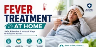How to Treat Fever at Home: Complete Evidence-Based Guide (2026) Woman checking temperature at home with medical background showing fever treatment at home tips, hydration, rest, and recovery methods.