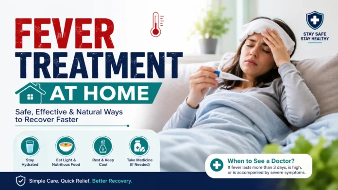 Woman checking temperature at home with medical background showing fever treatment at home tips, hydration, rest, and recovery methods.