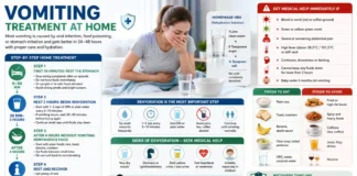 Vomiting Treatment at Home: Safe Remedies, ORS Tips & Recovery Guide (2026) Medical infographic about vomiting treatment at home showing ORS hydration steps, dehydration signs, foods to eat and avoid, recovery timeline, and emergency warning symptoms on a clean healthcare background.