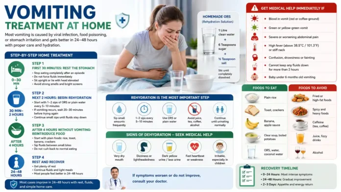 Medical infographic about vomiting treatment at home showing ORS hydration steps, dehydration signs, foods to eat and avoid, recovery timeline, and emergency warning symptoms on a clean healthcare background.